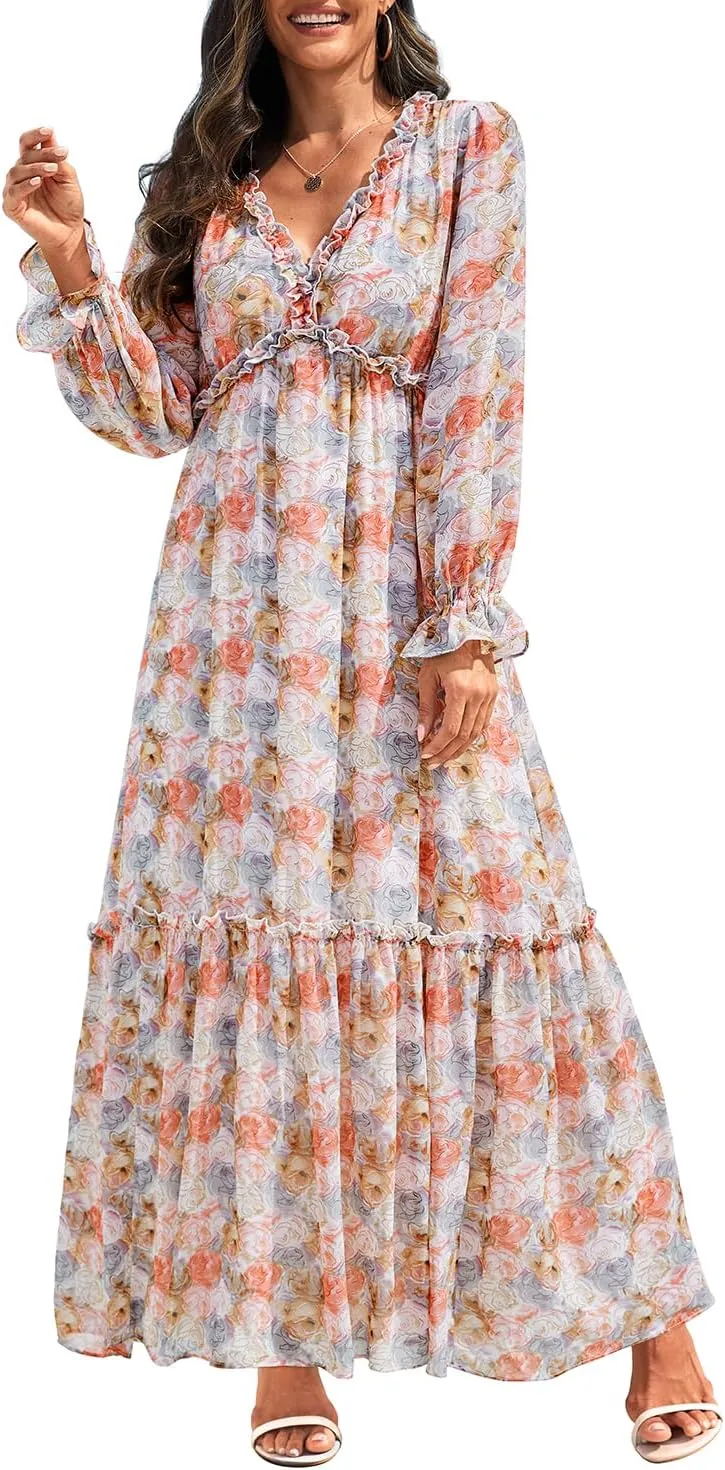 Pinup Fashion Fall Long Sleeve Maxi Dress - Casual Boho Chiffon Deep V Neck Long Flowy Dresses