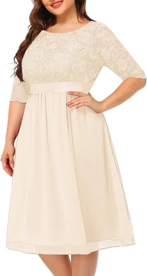 Pinup Fashion Plus Size Lace Chiffon Wedding Guest Dresses Women Cocktail Party Midi Dress