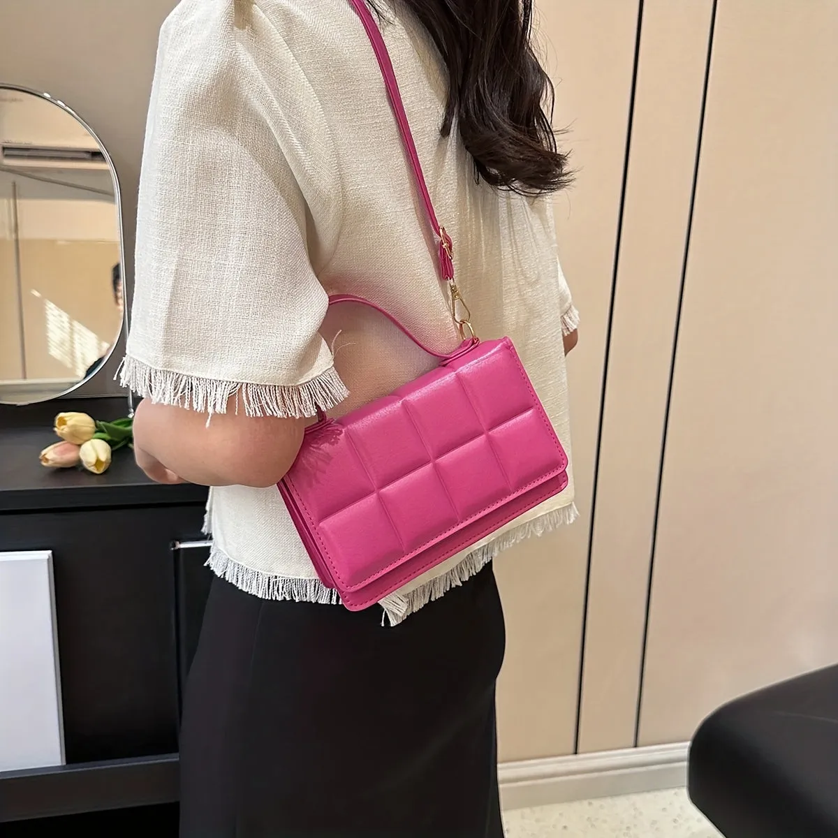 Plaid Embossed Crossbody Bag, Vintage Chain Handbags, Women's Square Purse, Small Shoulder Bag