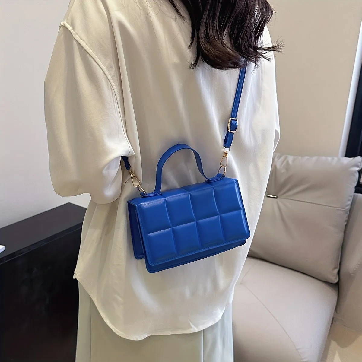 Plaid Embossed Crossbody Bag, Vintage Chain Handbags, Women's Square Purse, Small Shoulder Bag