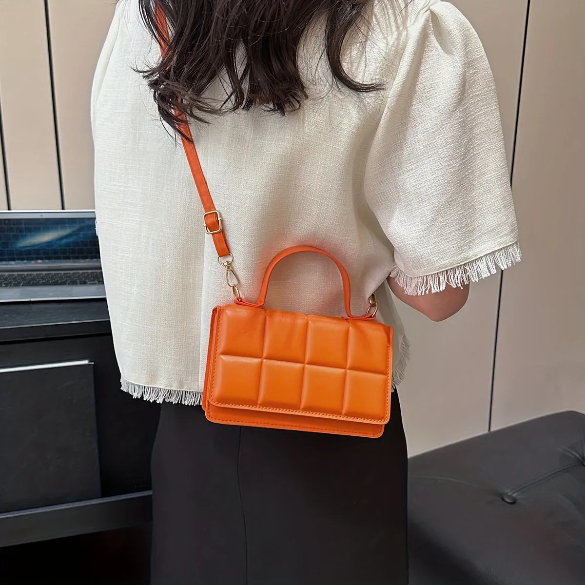Plaid Embossed Crossbody Bag, Vintage Chain Handbags, Women's Square Purse, Small Shoulder Bag