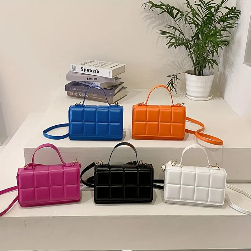 Plaid Embossed Crossbody Bag, Vintage Chain Handbags, Women's Square Purse, Small Shoulder Bag