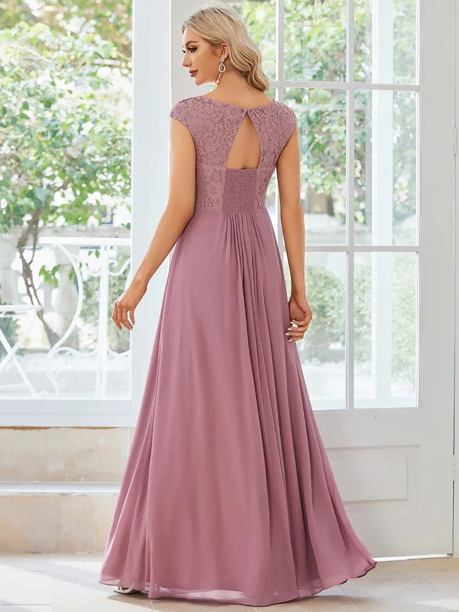 Plus Cap Sleeve A Line Lace & Chiffon Evening Dress