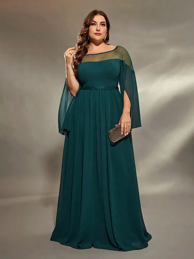 Plus Size Sheer Neckline Sequins Split Sleeve Evening Dress