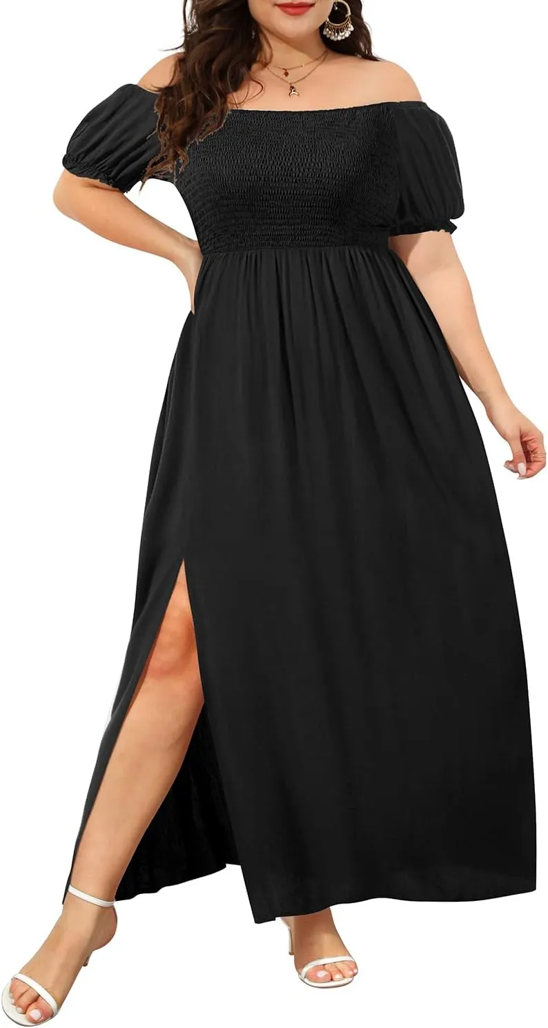 Plus Size Summer Dresses - Boho Casual Off Shoulder Floral Long Maxi Dress with Pockets