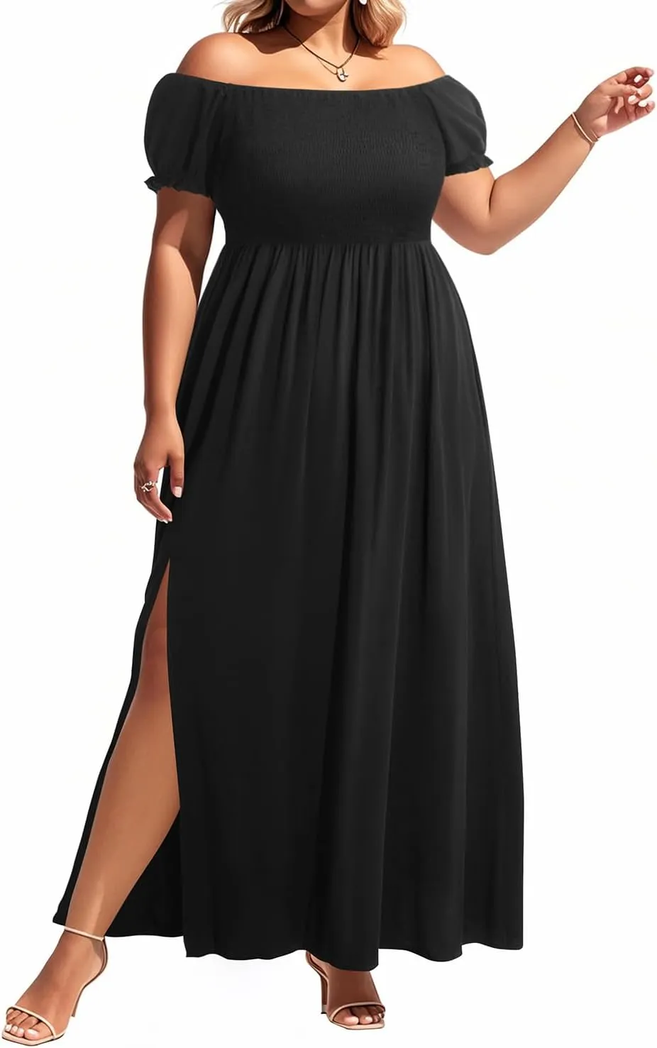 Plus Size Summer Dresses - Boho Casual Off Shoulder Floral Long Maxi Dress with Pockets