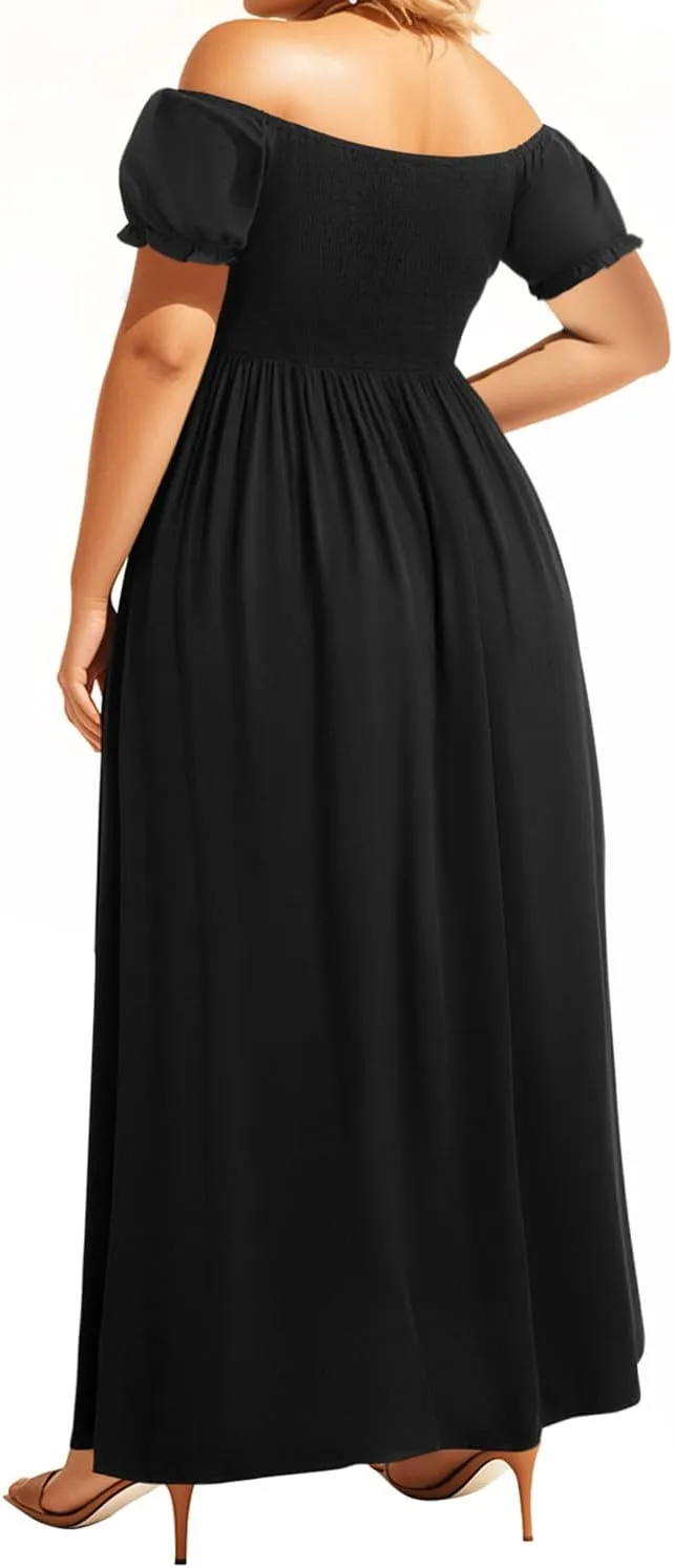 Plus Size Summer Dresses - Boho Casual Off Shoulder Floral Long Maxi Dress with Pockets