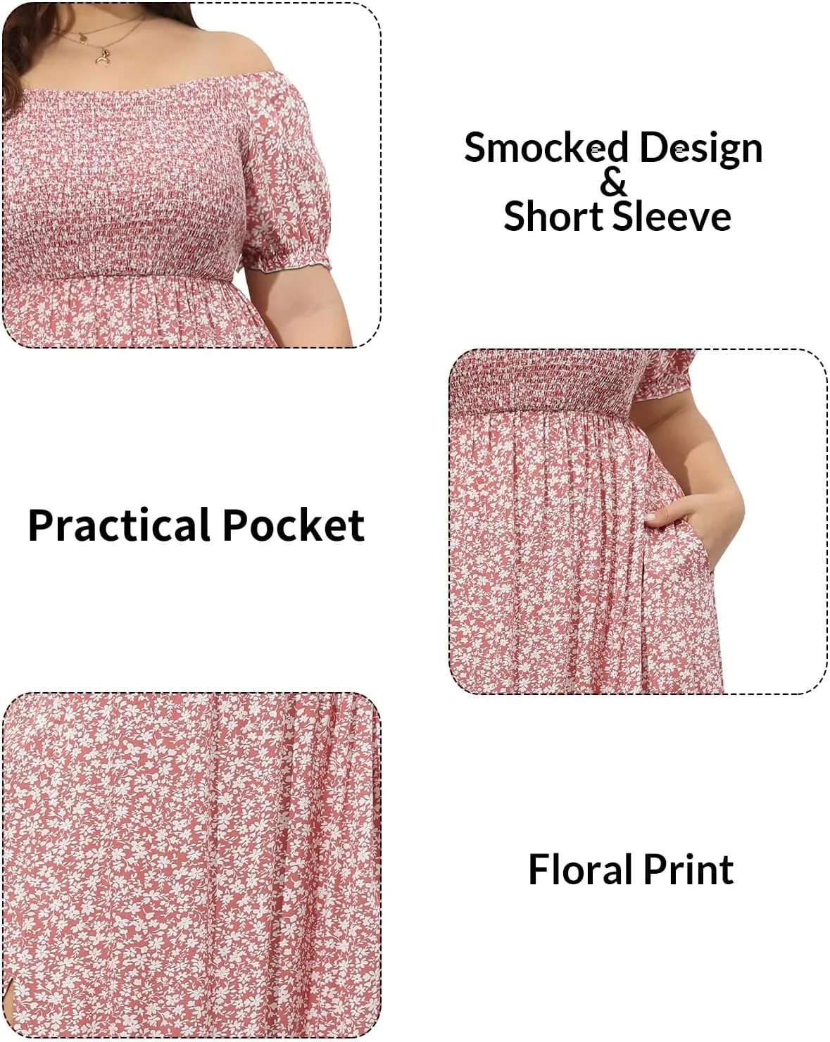 Plus Size Summer Dresses - Boho Casual Off Shoulder Floral Long Maxi Dress with Pockets