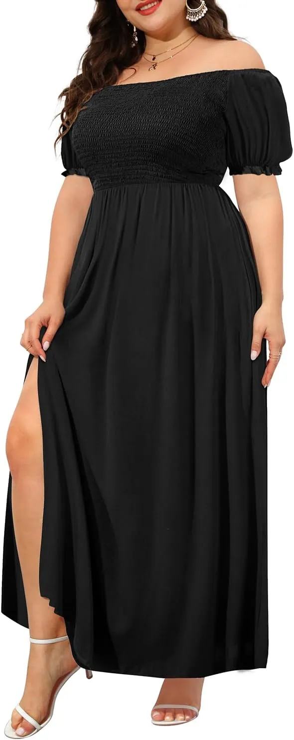 Plus Size Summer Dresses - Boho Casual Off Shoulder Floral Long Maxi Dress with Pockets