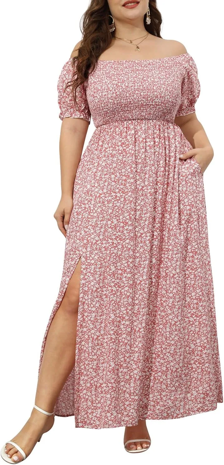Plus Size Summer Dresses - Boho Casual Off Shoulder Floral Long Maxi Dress with Pockets