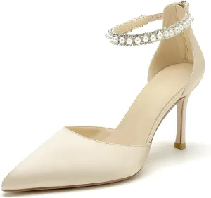 Pointed Toe Pearl Wedding Shoes for Bride White High Heels Satin Bridal Shoes Zipper Back Evening Party Dance Dresses Shoes Pumps for Women