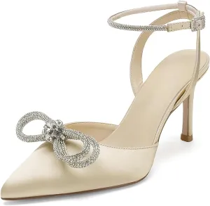 Pointed Toe Satin White Wedding High Heels Rhinestone Ankle Strap Dress Shoes Pumps for Bride