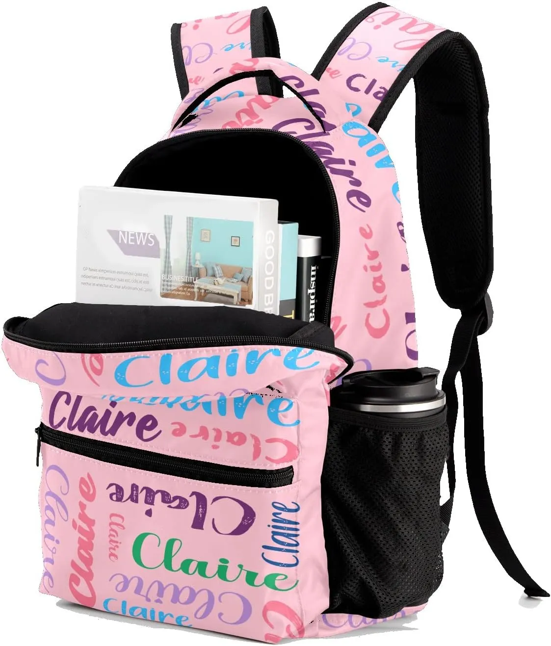 Polyester Custom Bookbag with Name Text Elementary Kids Girls Personalized School Backpack Customize Book Bag, Stylish, Waterproof, Unique, Adjustable Shoulder Straps, 1 Pack