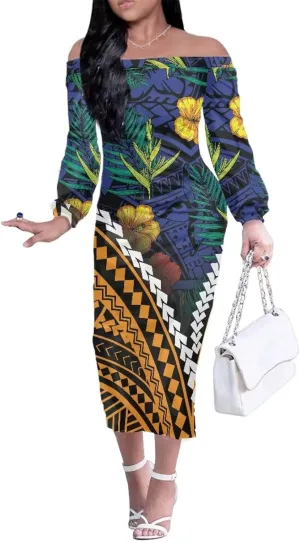Polynesian Tribal Clothing Off Shoulder Ruffles Samoan Puletasi Dresses Women Puletasi Samoa Party Club Dress