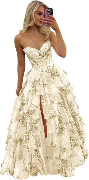 POMUYOO Tiered Floral Prom Dresses 2025 Long Ruffle Corset Chiffon Formal Evening Party Gowns