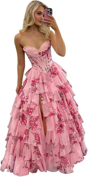 POMUYOO Tiered Floral Prom Dresses 2025 Long Ruffle Corset Chiffon Formal Evening Party Gowns