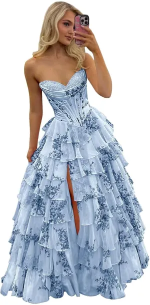 POMUYOO Tiered Floral Prom Dresses 2025 Long Ruffle Corset Chiffon Formal Evening Party Gowns