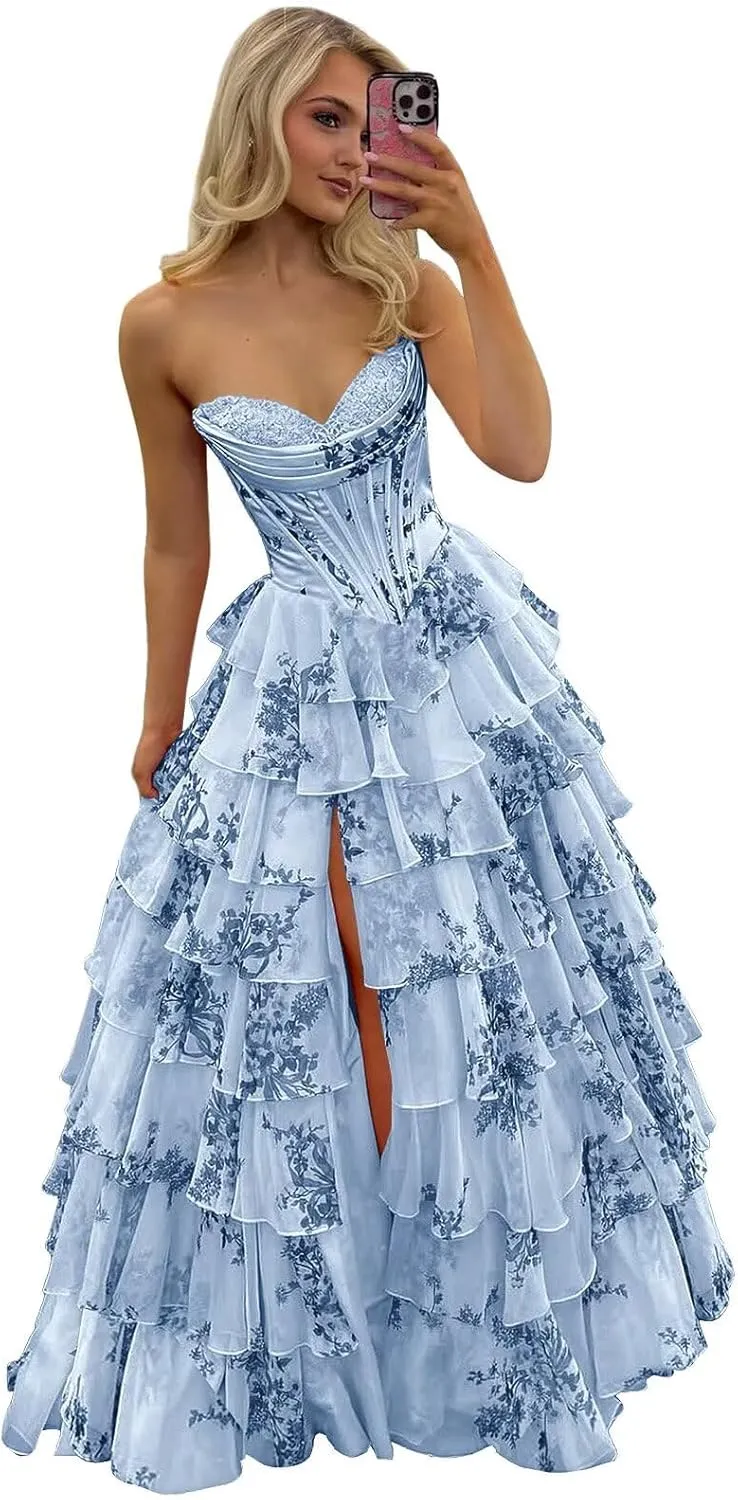 POMUYOO Tiered Floral Prom Dresses 2025 Long Ruffle Corset Chiffon Formal Evening Party Gowns