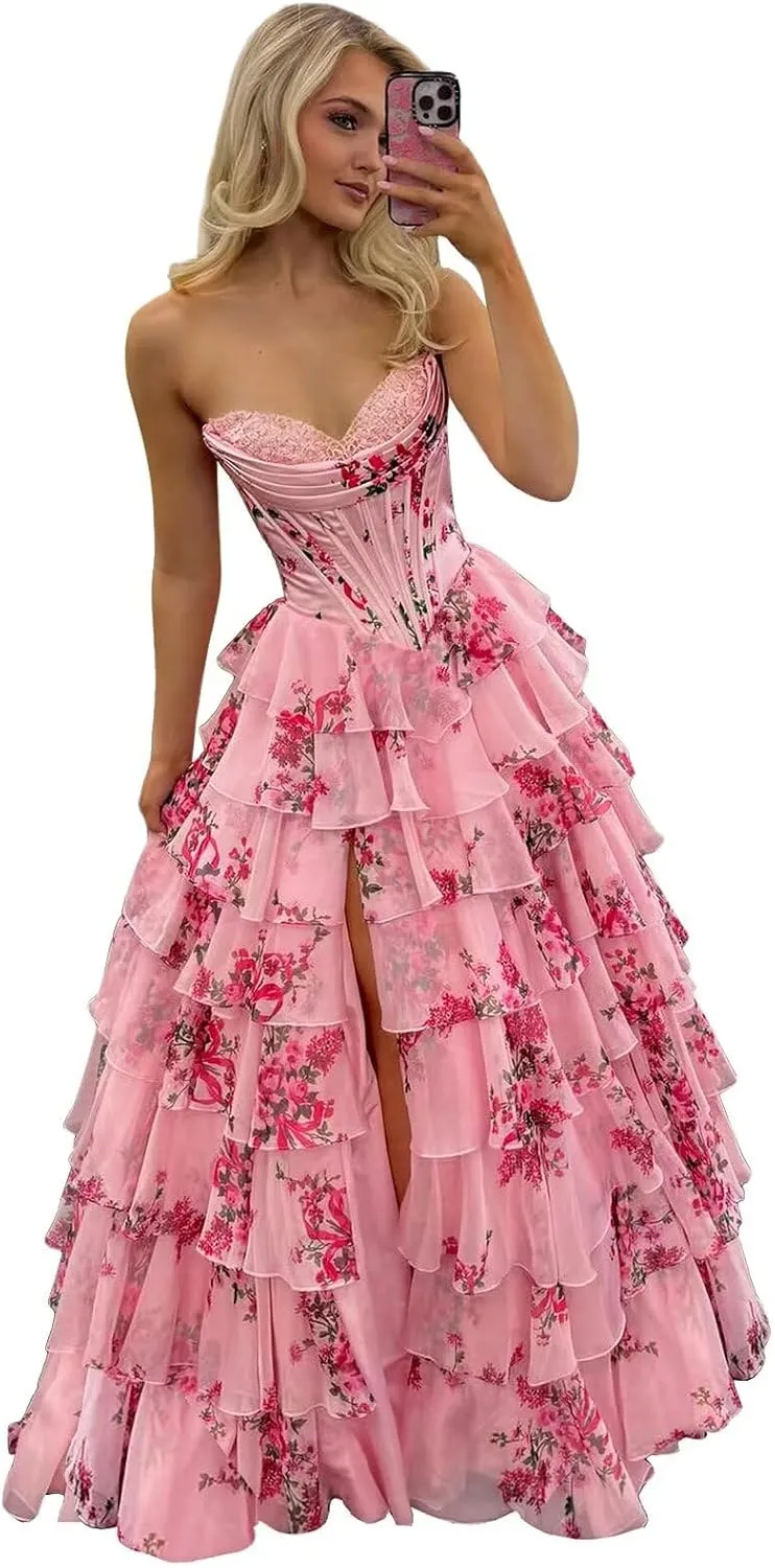 POMUYOO Tiered Floral Prom Dresses 2025 Long Ruffle Corset Chiffon Formal Evening Party Gowns