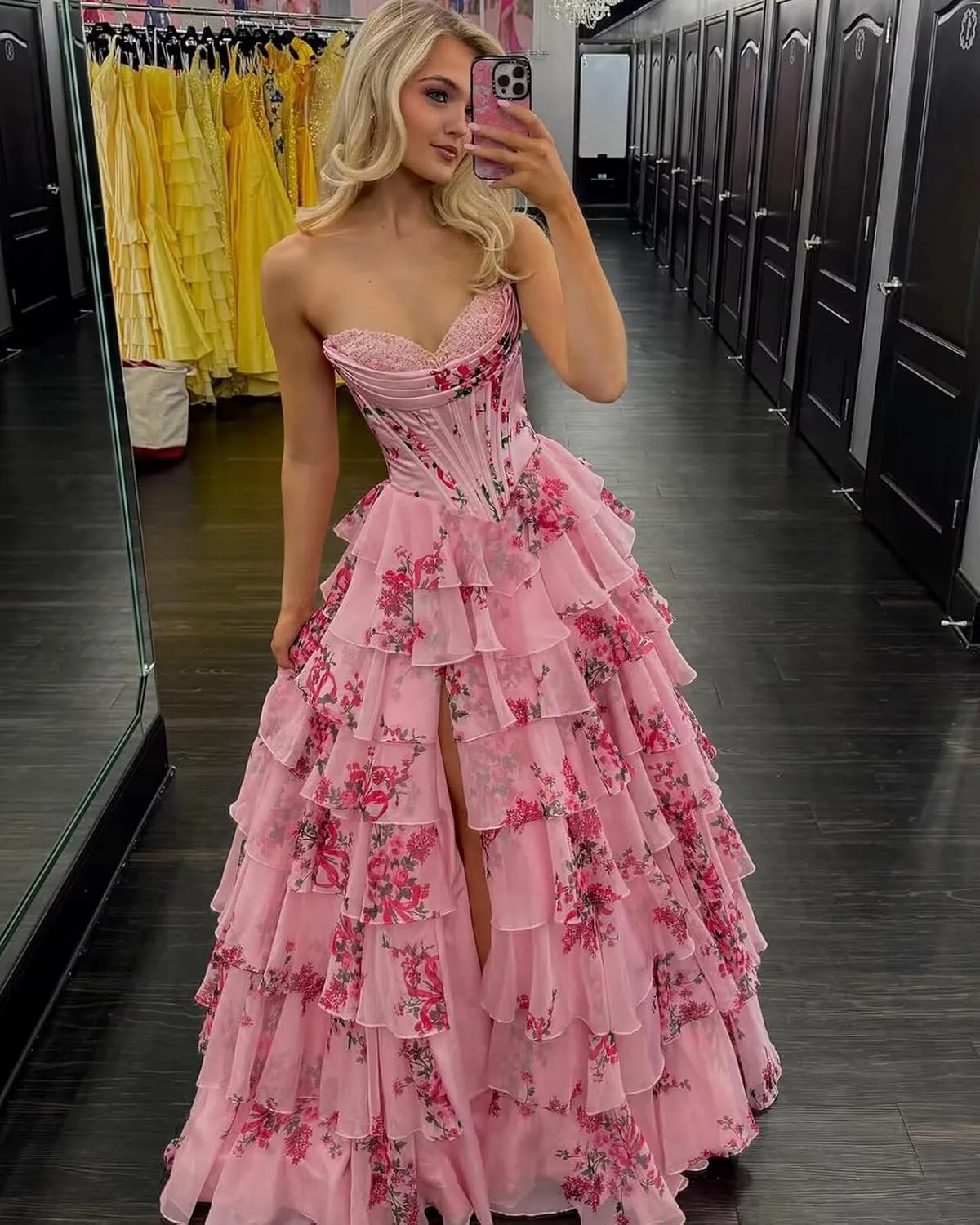 POMUYOO Tiered Floral Prom Dresses 2025 Long Ruffle Corset Chiffon Formal Evening Party Gowns