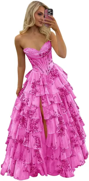 POMUYOO Tiered Floral Prom Dresses 2025 Long Ruffle Corset Chiffon Formal Evening Party Gowns