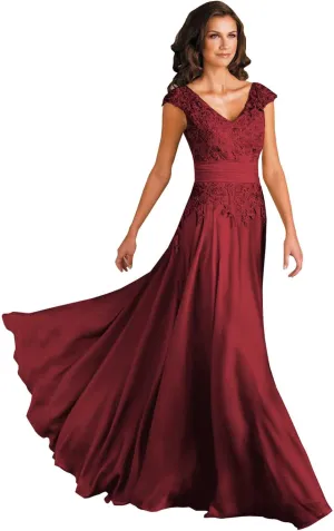 POMUYOO Women's V-Neck Mother of The Bride Dresses Long A-Line Lace Chiffon Formal Dress with Sleeves
