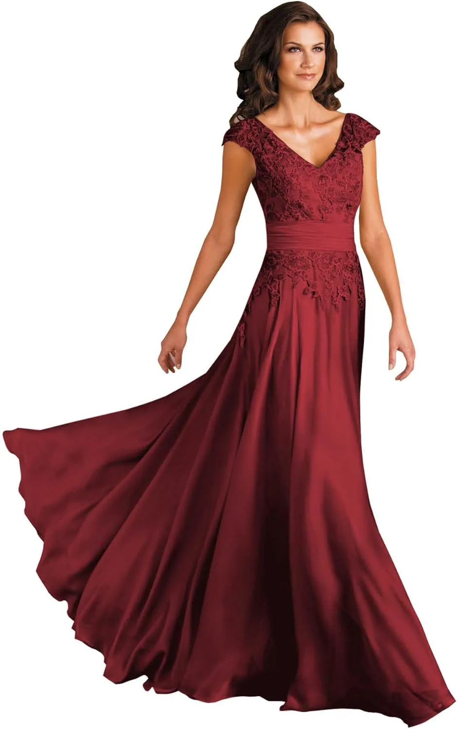 POMUYOO Women's V-Neck Mother of The Bride Dresses Long A-Line Lace Chiffon Formal Dress with Sleeves
