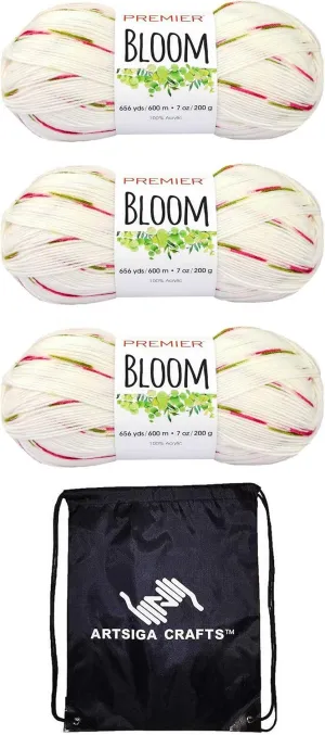 Premier Yarns Bloom Baby's Breath 1090-08 (3-Skeins - Same Dye Lot) DK Light Worsted #3 Acrylic Yarn for Crocheting and Knitting with Project Bag