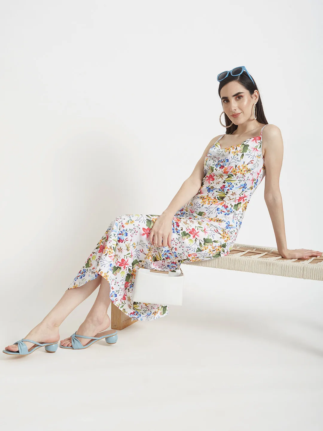 Premium Micro Digital Print  Shoulder Strap Bodycon Maxi Dress With Slash Pocket