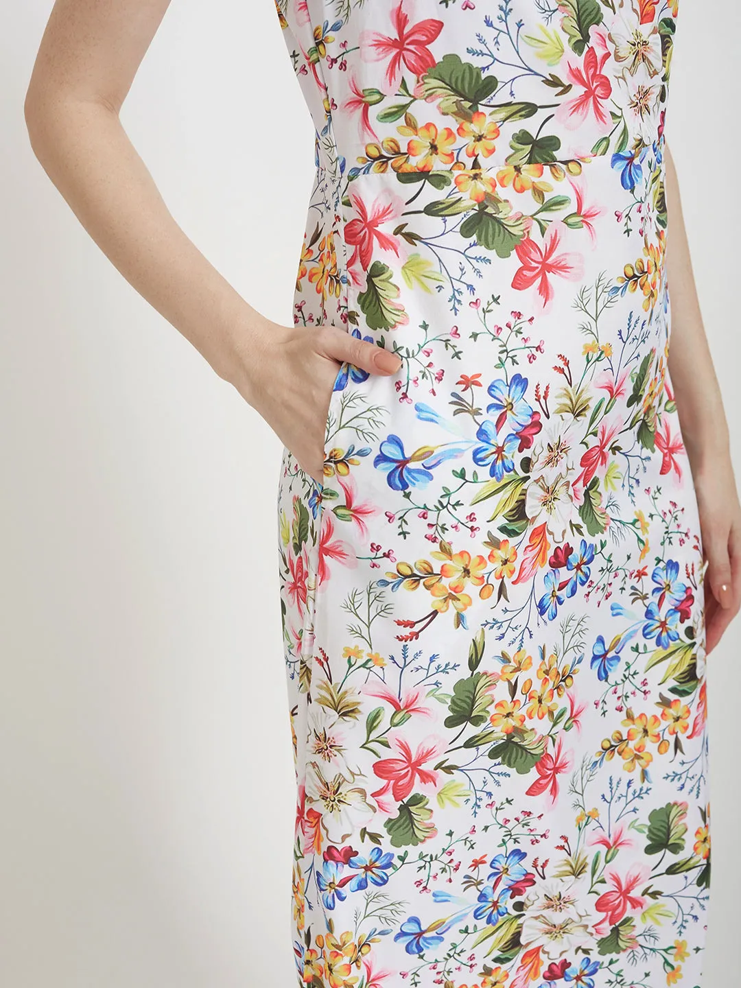 Premium Micro Digital Print  Shoulder Strap Bodycon Maxi Dress With Slash Pocket