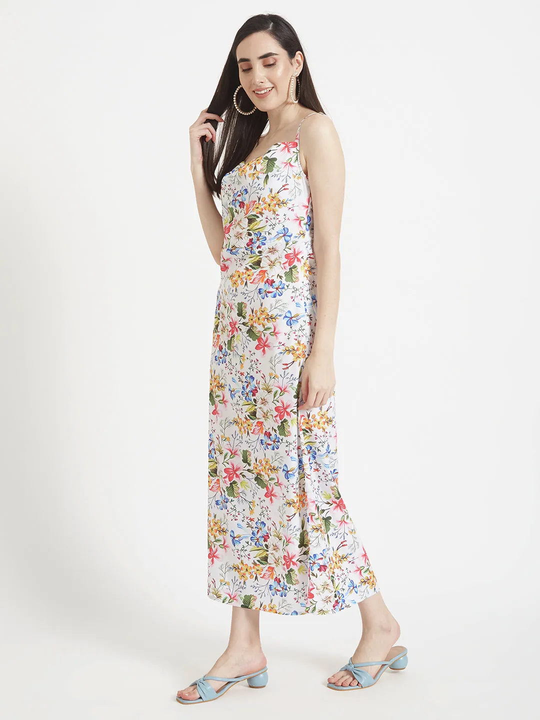 Premium Micro Digital Print  Shoulder Strap Bodycon Maxi Dress With Slash Pocket