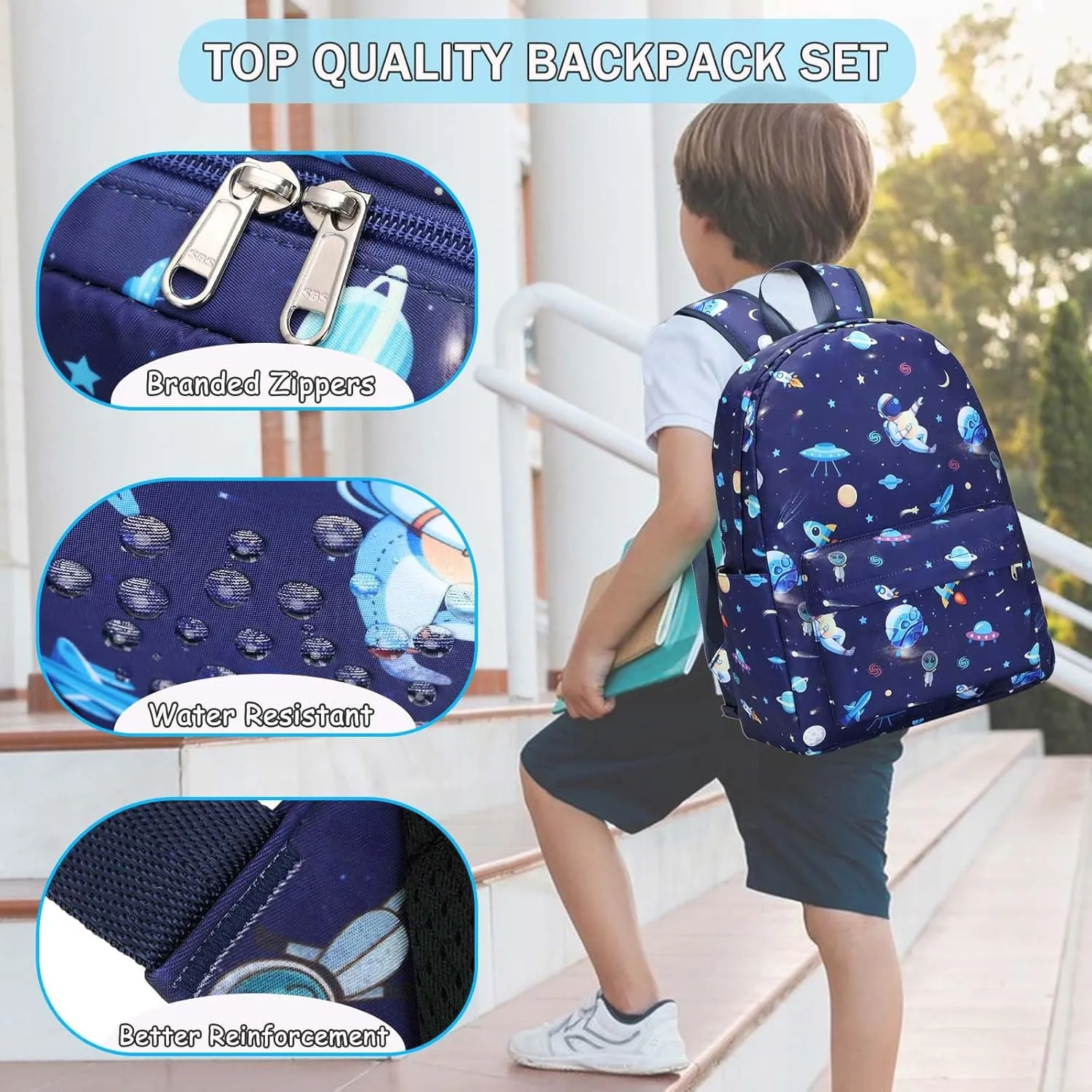 Preschool Backpack for Boys, Kids Backpack with Lunch Box Space Backpack Preschool Kindergarten Daycare Travel Solar Space Bookbag with Chest Buckle (Spaceman-Navy Blue)