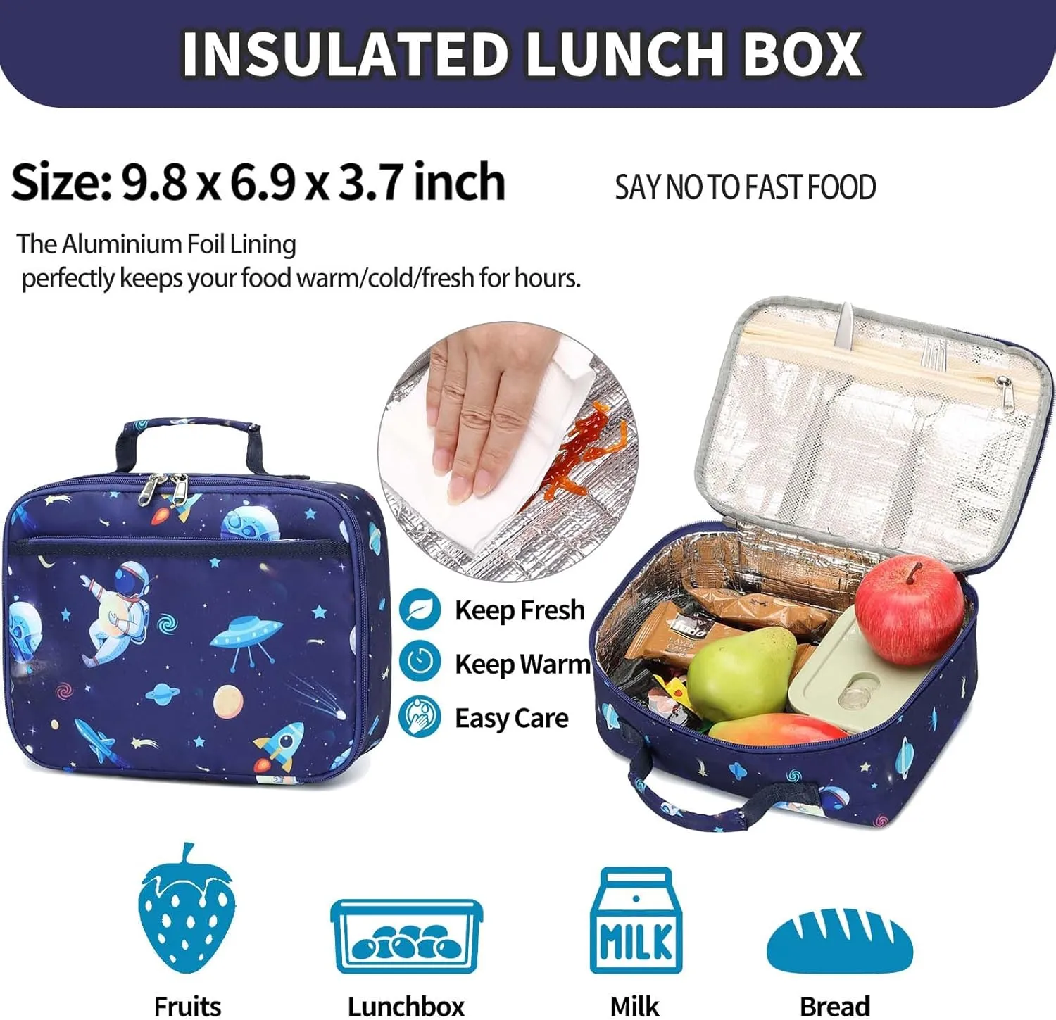 Preschool Backpack for Boys, Kids Backpack with Lunch Box Space Backpack Preschool Kindergarten Daycare Travel Solar Space Bookbag with Chest Buckle (Spaceman-Navy Blue)