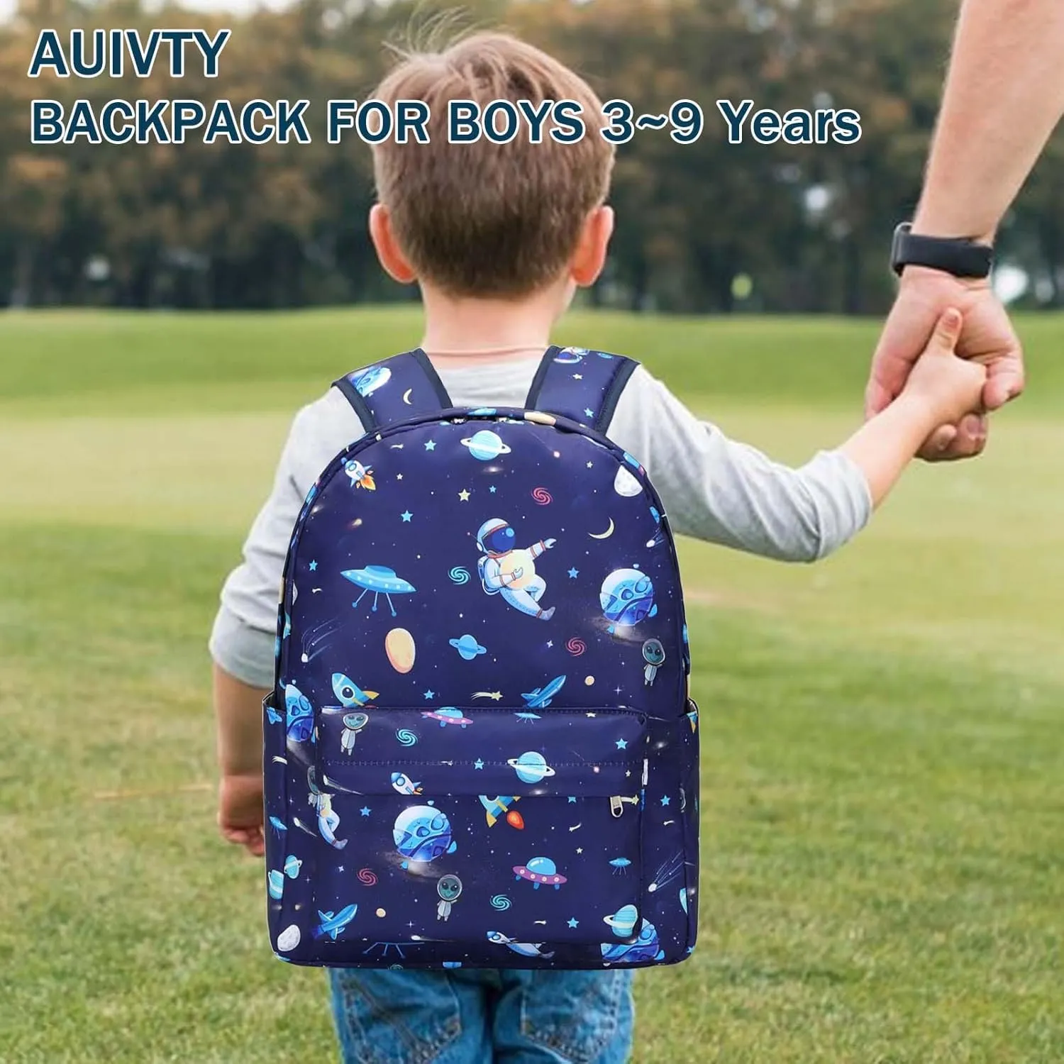 Preschool Backpack for Boys, Kids Backpack with Lunch Box Space Backpack Preschool Kindergarten Daycare Travel Solar Space Bookbag with Chest Buckle (Spaceman-Navy Blue)
