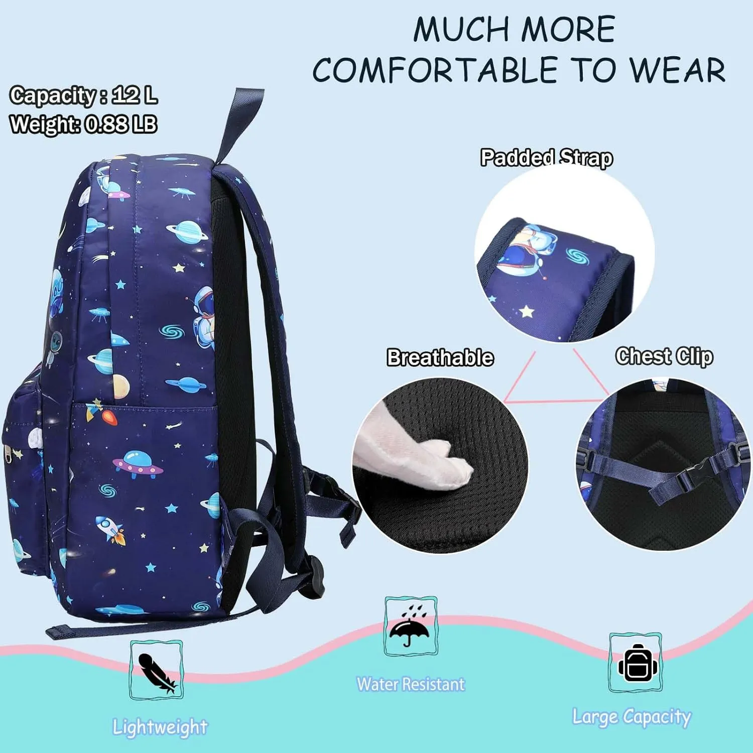 Preschool Backpack for Boys, Kids Backpack with Lunch Box Space Backpack Preschool Kindergarten Daycare Travel Solar Space Bookbag with Chest Buckle (Spaceman-Navy Blue)