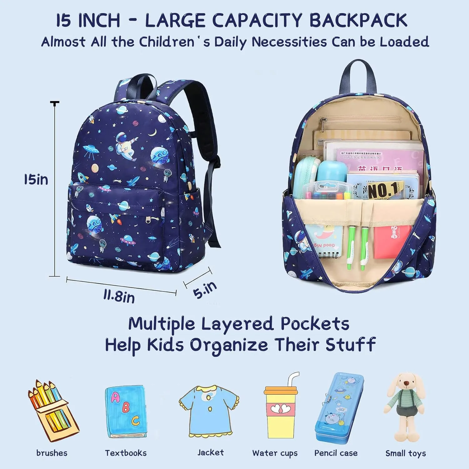 Preschool Backpack for Boys, Kids Backpack with Lunch Box Space Backpack Preschool Kindergarten Daycare Travel Solar Space Bookbag with Chest Buckle (Spaceman-Navy Blue)