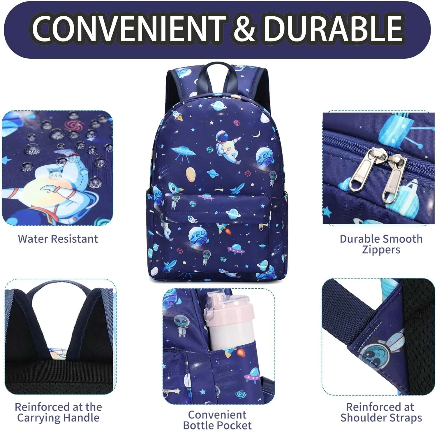 Preschool Backpack for Boys, Kids Backpack with Lunch Box Space Backpack Preschool Kindergarten Daycare Travel Solar Space Bookbag with Chest Buckle (Spaceman-Navy Blue)