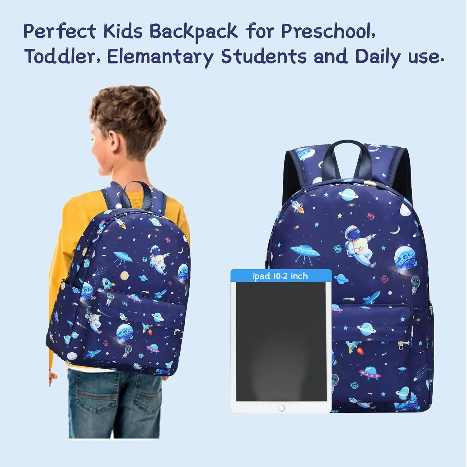 Preschool Backpack for Boys, Kids Backpack with Lunch Box Space Backpack Preschool Kindergarten Daycare Travel Solar Space Bookbag with Chest Buckle (Spaceman-Navy Blue)