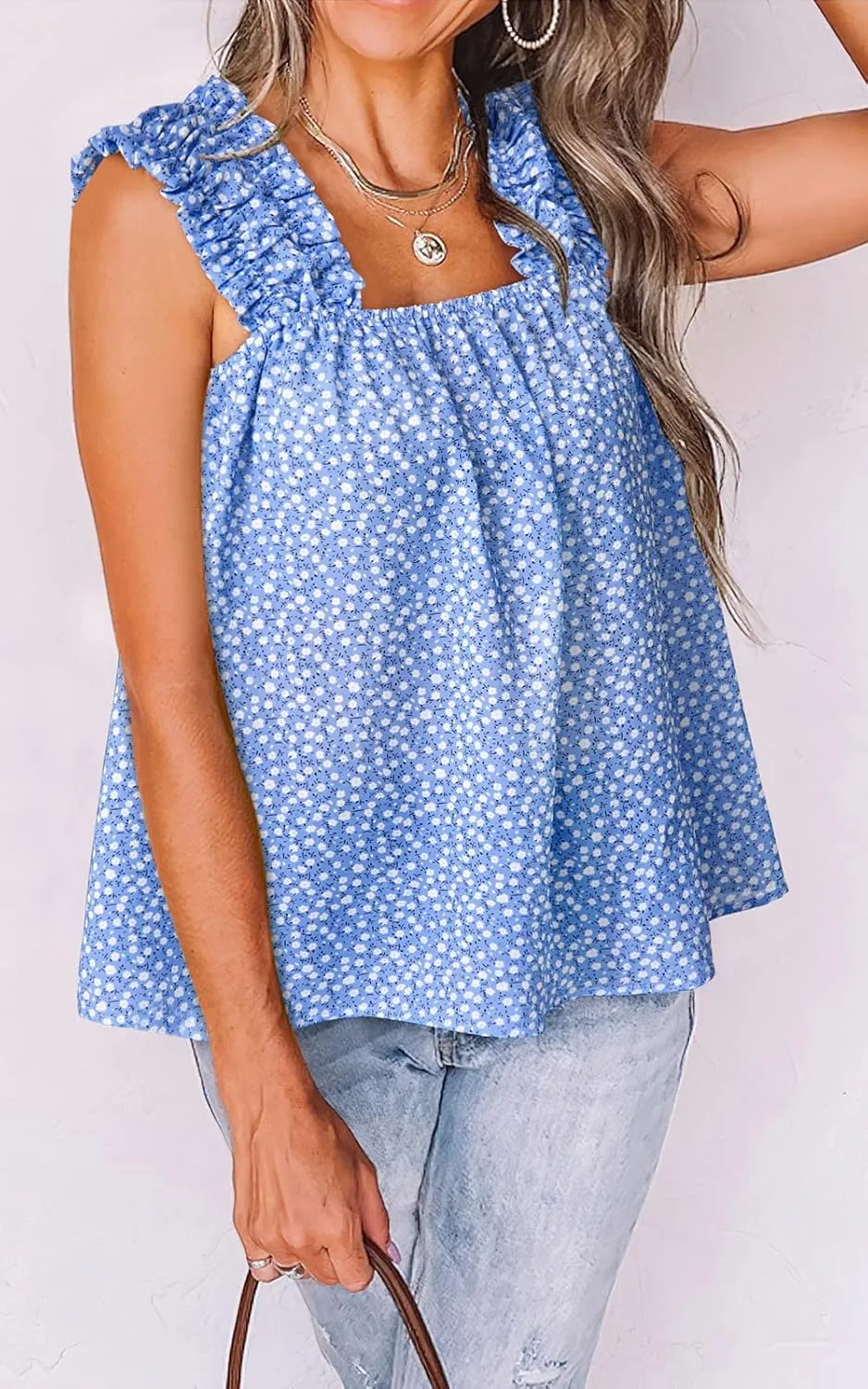 PRETTYGARDEN Boho Floral Tank Tops for Women, Shirred Straps Pleated Summer Casual Sleeveless Shirts Tops Beach Blouses