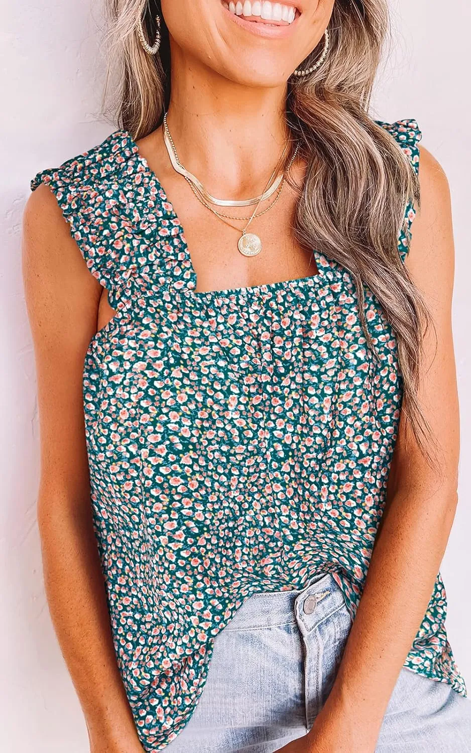 PRETTYGARDEN Boho Floral Tank Tops for Women, Shirred Straps Pleated Summer Casual Sleeveless Shirts Tops Beach Blouses