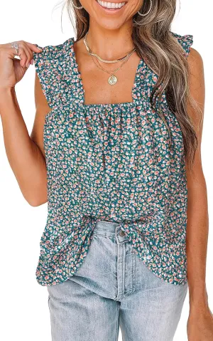 PRETTYGARDEN Boho Floral Tank Tops for Women, Shirred Straps Pleated Summer Casual Sleeveless Shirts Tops Beach Blouses
