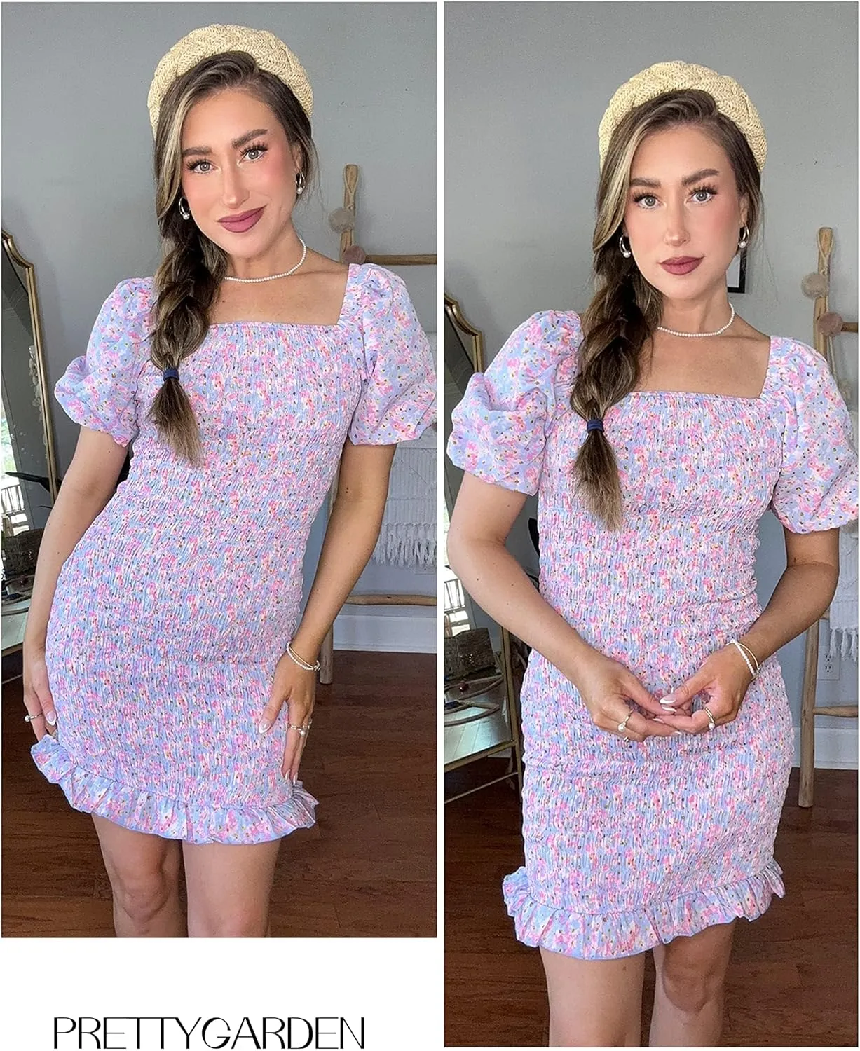 PRETTYGARDEN Women's 2025 Summer Floral Puff Sleeve Mini Dress Square Neck Ruffle Hem Bodycon Dresses Smocked Dress Women