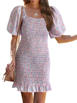 PRETTYGARDEN Women's 2025 Summer Floral Puff Sleeve Mini Dress Square Neck Ruffle Hem Bodycon Dresses Smocked Dress Women