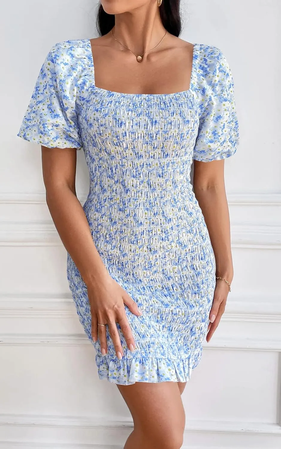 PRETTYGARDEN Women's 2025 Summer Floral Puff Sleeve Mini Dress Square Neck Ruffle Hem Bodycon Dresses Smocked Dress Women