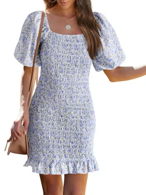 PRETTYGARDEN Women's 2025 Summer Floral Puff Sleeve Mini Dress Square Neck Ruffle Hem Bodycon Dresses Smocked Dress Women