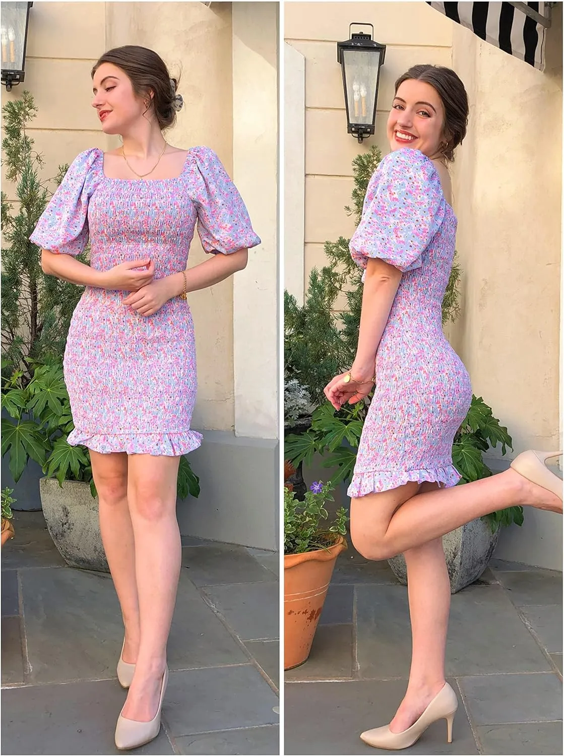 PRETTYGARDEN Women's 2025 Summer Floral Puff Sleeve Mini Dress Square Neck Ruffle Hem Bodycon Dresses Smocked Dress Women