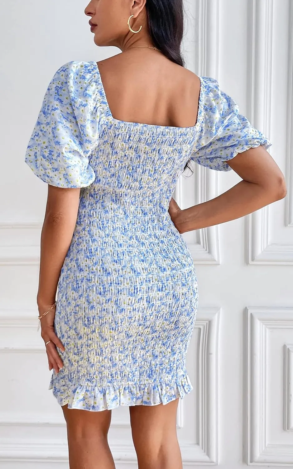 PRETTYGARDEN Women's 2025 Summer Floral Puff Sleeve Mini Dress Square Neck Ruffle Hem Bodycon Dresses Smocked Dress Women