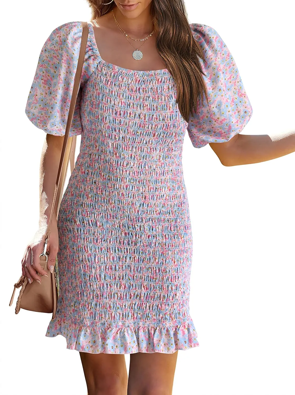 PRETTYGARDEN Women's 2025 Summer Floral Puff Sleeve Mini Dress Square Neck Ruffle Hem Bodycon Dresses Smocked Dress Women