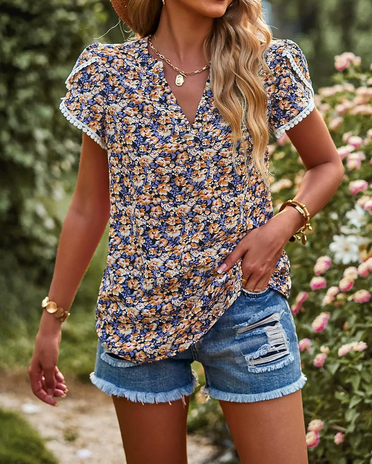 PRETTYGARDEN Women's Shirts Summer Casual Crewneck Lace Crochet Short Sleeve Blouses Cute Floral Print Loose Tunic Tops