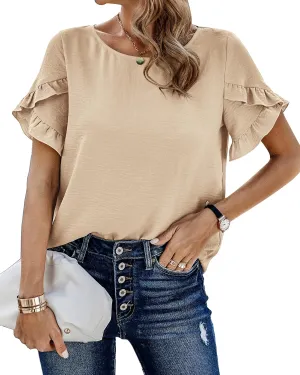 PRETTYGARDEN Women's Shirts Summer Casual Crewneck Lace Crochet Short Sleeve Blouses Cute Floral Print Loose Tunic Tops